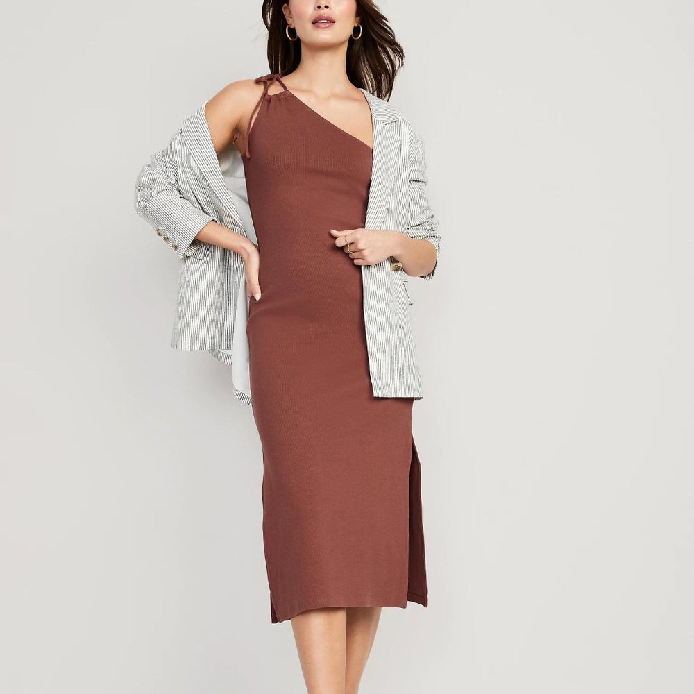 Old Navy Fitted One-Shoulder Double-Strap Rib-Knit Midi Dress for Women New - Picture 3 of 7